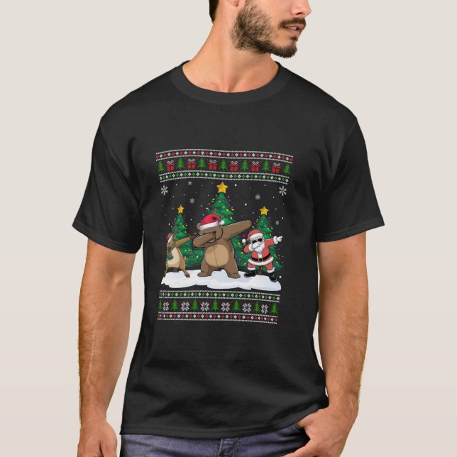 Dabbing Santa Reindeer Grizzly Bear Tree Lights Ug T-Shirt (Front)