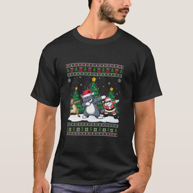 Dabbing Santa Reindeer Kitten Tree Lights Ugly Xma T-Shirt (Front)