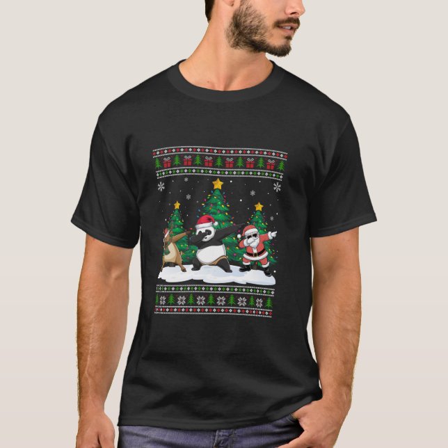 Dabbing Santa Reindeer Panda Tree Lights Ugly Xmas T-Shirt (Front)
