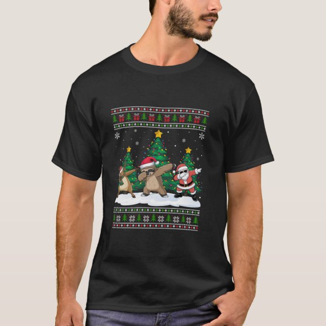 Dabbing Santa Reindeer Sloth Tree Lights Ugly Xmas T-Shirt (Front)