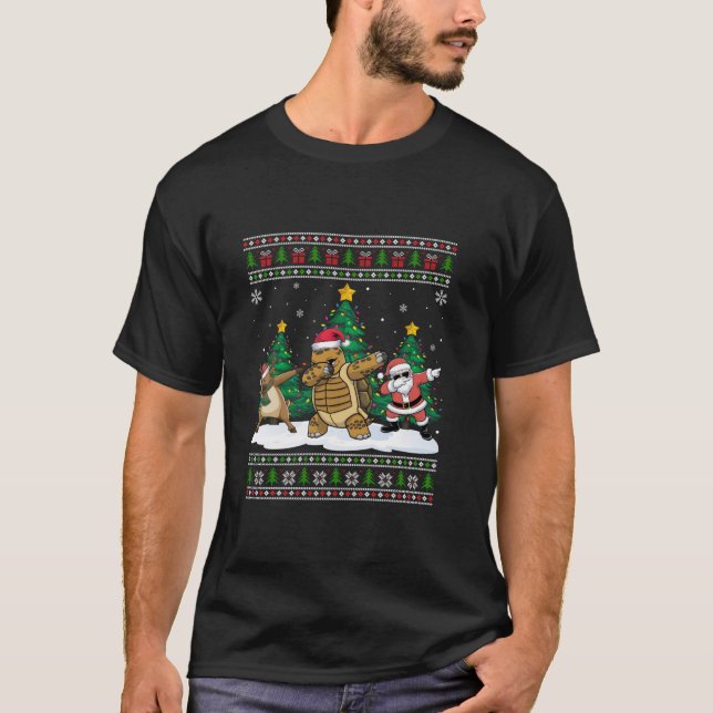 Dabbing Santa Reindeer Tortoise Tree Lights Ugly X T-Shirt (Front)
