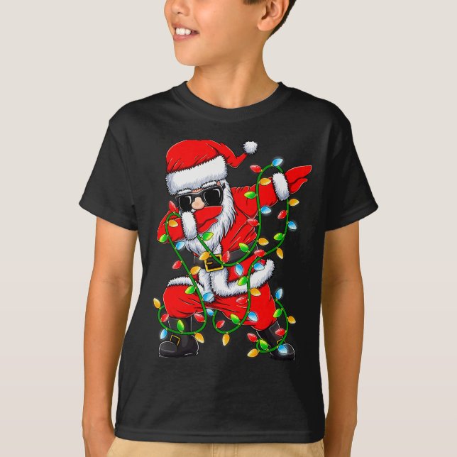 Dabbing Santa Xmas Lights Girls Boys Kids Christma T-Shirt (Front)