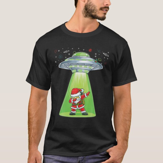 Dabbing Santa Xmas UFO Funny Santa Alien Abduction T-Shirt (Front)