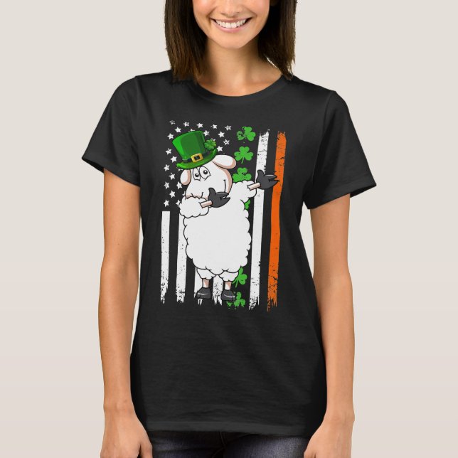 Dabbing Sheep Leprechaun Hat American Flag St Patr T-Shirt (Front)