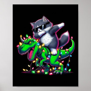 Dabbing Siberian Cat On Xmas Lights Dinosaur T Rex Poster