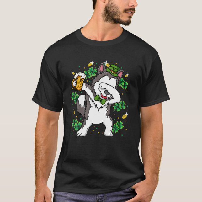 Dabbing Siberian Husky Leprechaun Dog St Patrick's T-Shirt (Front)