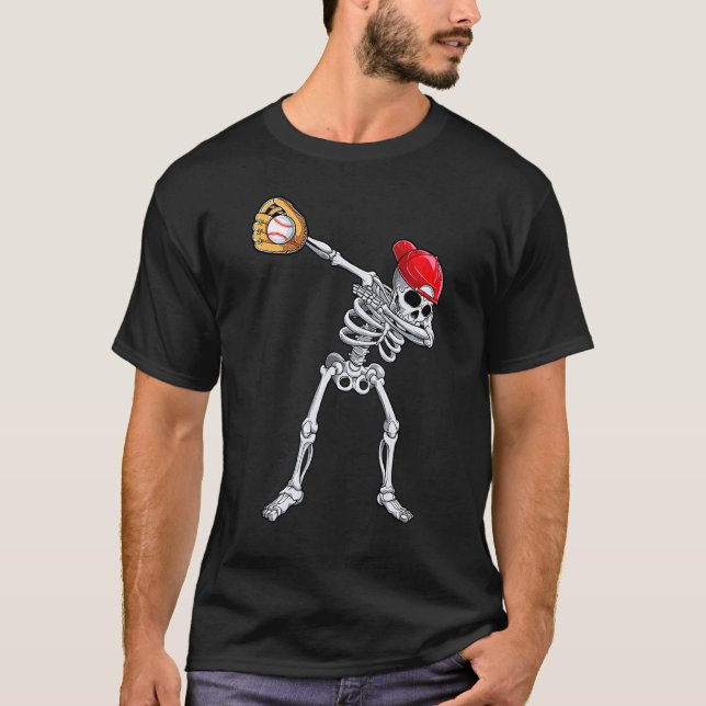 Dabbing Skeleton Baseball Halloween Player Catcher T-Shirt (Front)