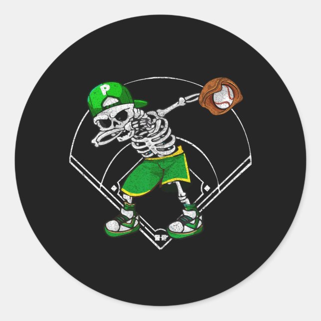 Dabbing Skeleton Baseball Player Halloween Catcher Classic Round Sticker (Front)