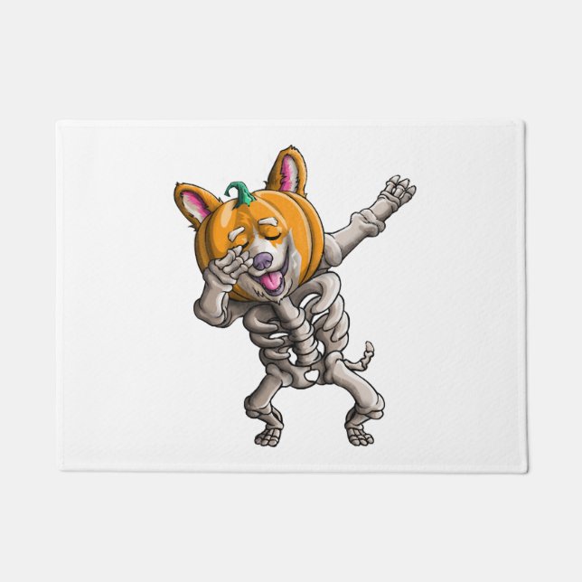 Dabbing Skeleton Corgi Cute Halloween Corgi Funny Doormat (Front)