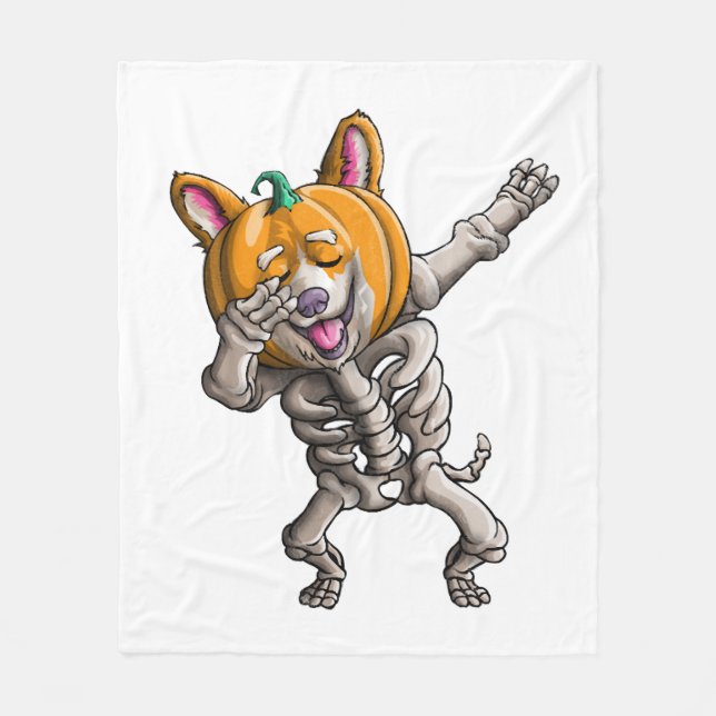 Dabbing Skeleton Corgi Cute Halloween Corgi Funny Fleece Blanket (Front)