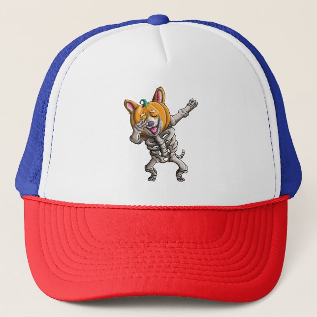 Dabbing Skeleton Corgi Cute Halloween Corgi Funny Trucker Hat (Front)