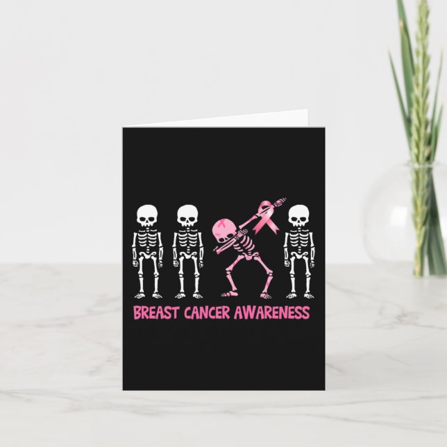 Dabbing Skeleton Pink Ribbon Breast Cancer Hallowe Card (Front)