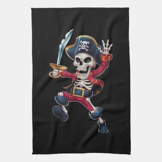 Dabbing Skeleton Pirate Halloween Kids Jolly Roger Tea Towel (Vertical)
