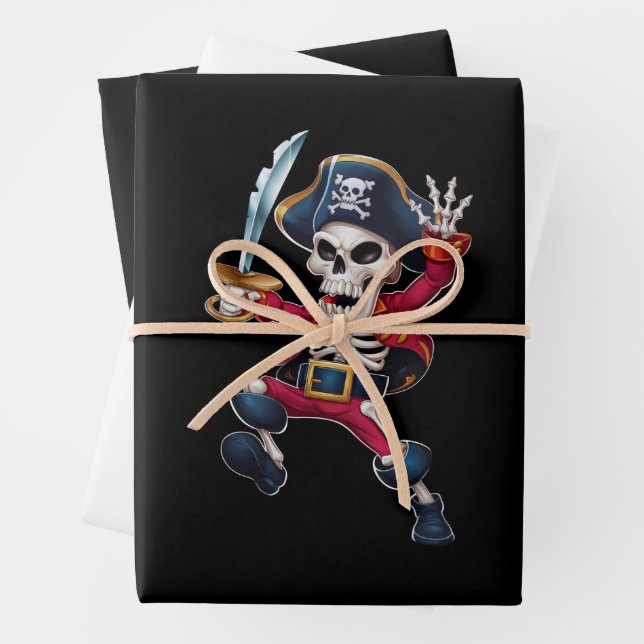 Dabbing Skeleton Pirate Halloween Kids Jolly Roger Wrapping Paper Sheet (In situ)