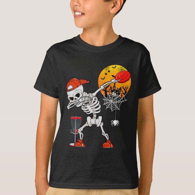 Dabbing Skeleton Playing Disc Golf Halloween Playe T-Shirt (Front)