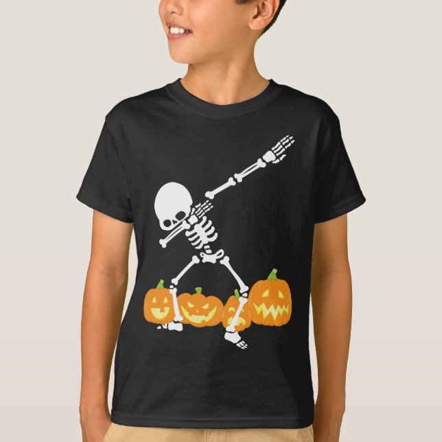  Dabbing Skeleton Pumpkin Field Halloween Spooky T-Shirt (Front)