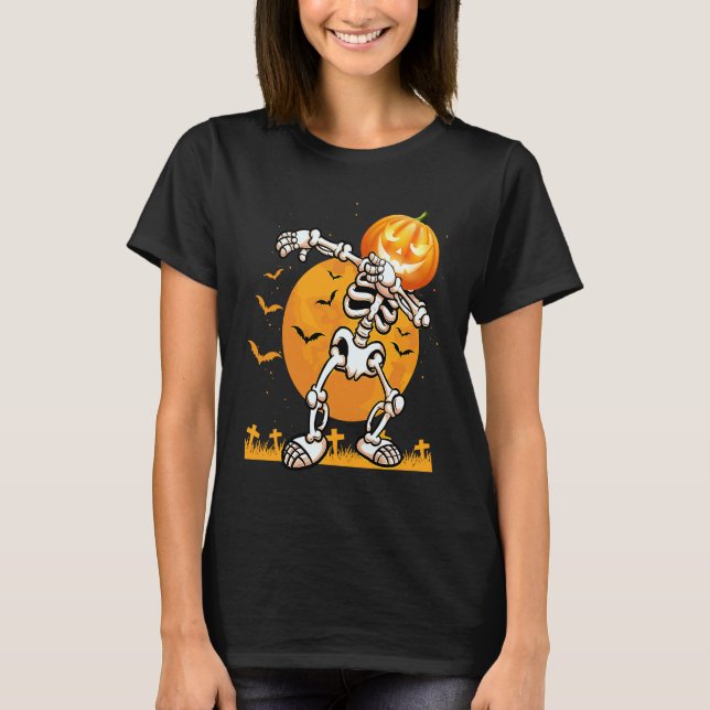 Dabbing Skeleton Pumpkin Halloween Costume Men Wom T-Shirt (Front)
