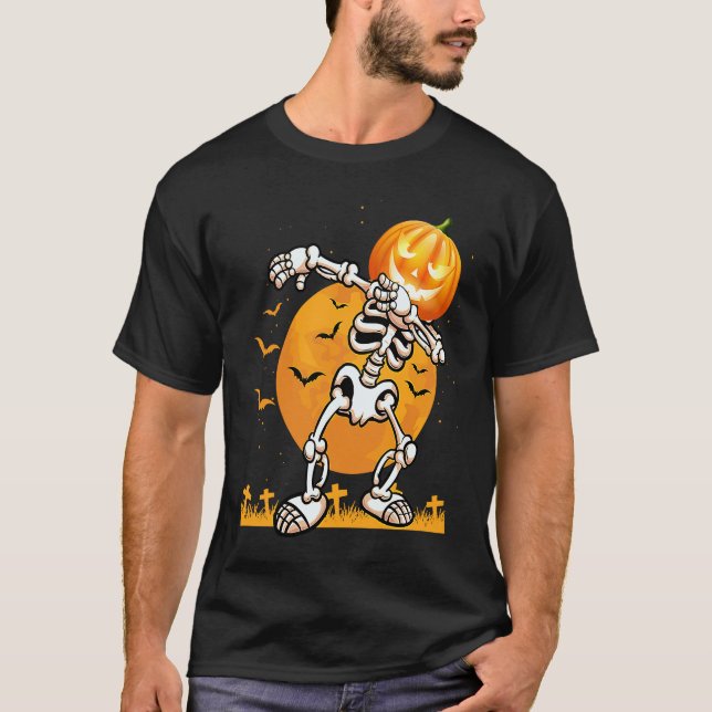 Dabbing Skeleton Pumpkin Halloween Costume Men Wom T-Shirt (Front)