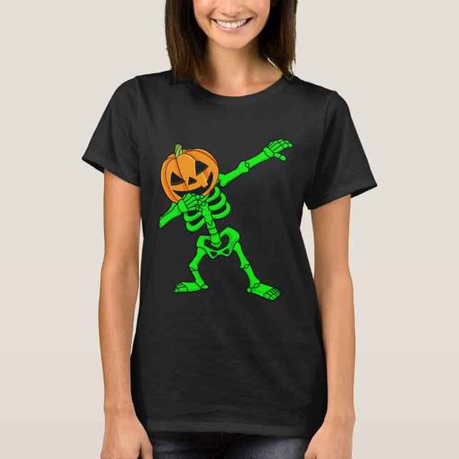 Dabbing Skeleton Pumpkin Head Halloween Dab   T-Shirt (Front)