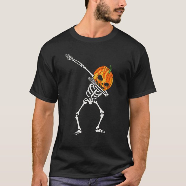 Dabbing Skeleton Pumpkin Head  Halloween Dancing S T-Shirt (Front)