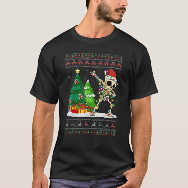 Dabbing Skeleton Tree Santa Hat Ugly Christmas Swe T-Shirt (Front)