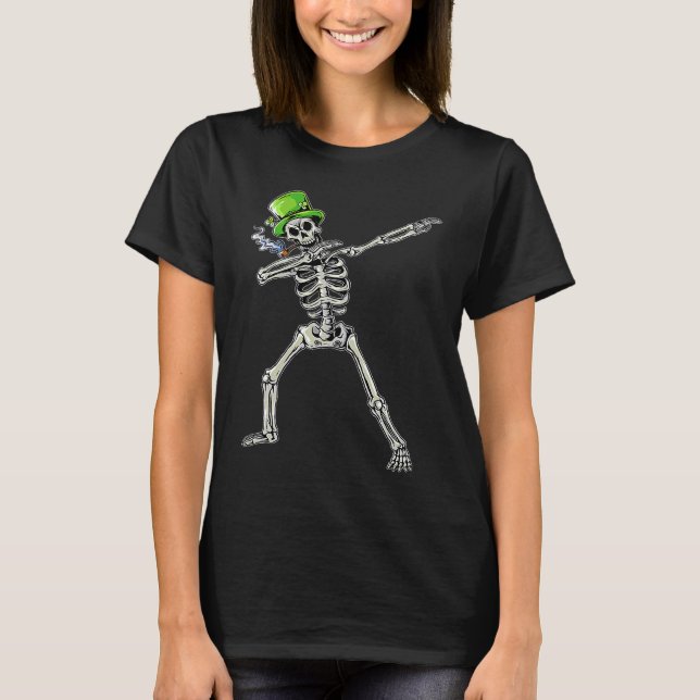 Dabbing Skeleton Wearing Green Hat  St Patrick's D T-Shirt (Front)