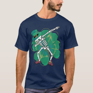 Dabbing Skeleton Wearing Hat Clover Shamrock Patri T-Shirt
