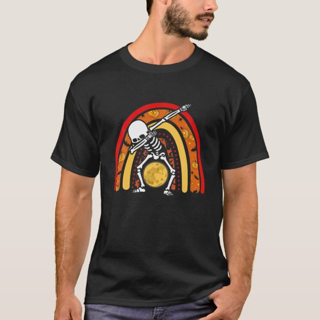 Dabbing Skeleton With Moon Pumpkin Rainbow Funny H T-Shirt (Front)