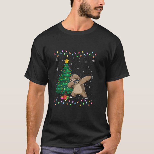 Dabbing Sloth Xmas Tree Lights Ugly Christmas Swea T-Shirt (Front)
