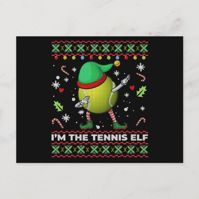 Dabbing Tennis Ball Elf Hat Christmas Ugly Sweater Invitation Postcard (Front)