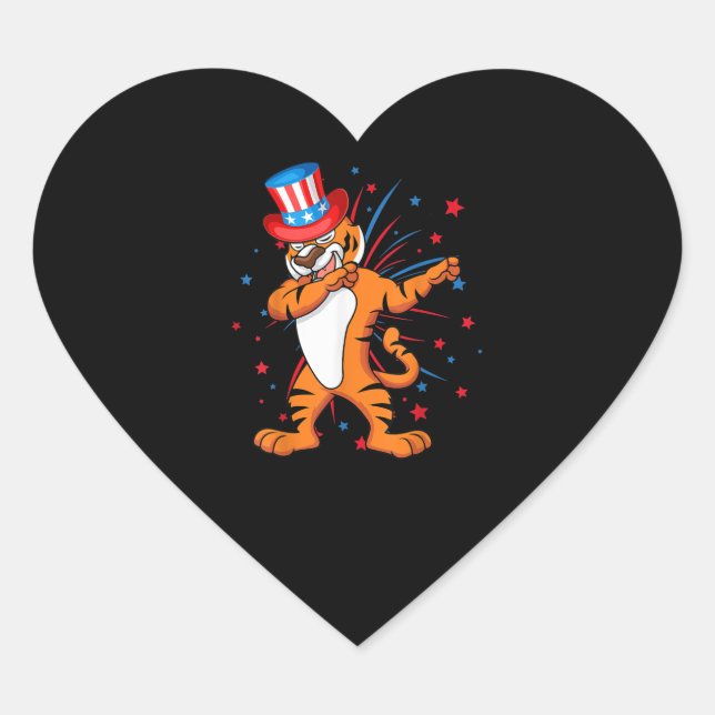 Dabbing Tiger With Usa Hat Firework 4th Of July Heart Sticker (Front)