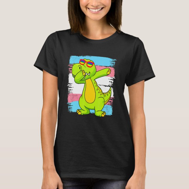 Dabbing Transaurus Rex Dinosaur Transgender Flag L T-Shirt (Front)