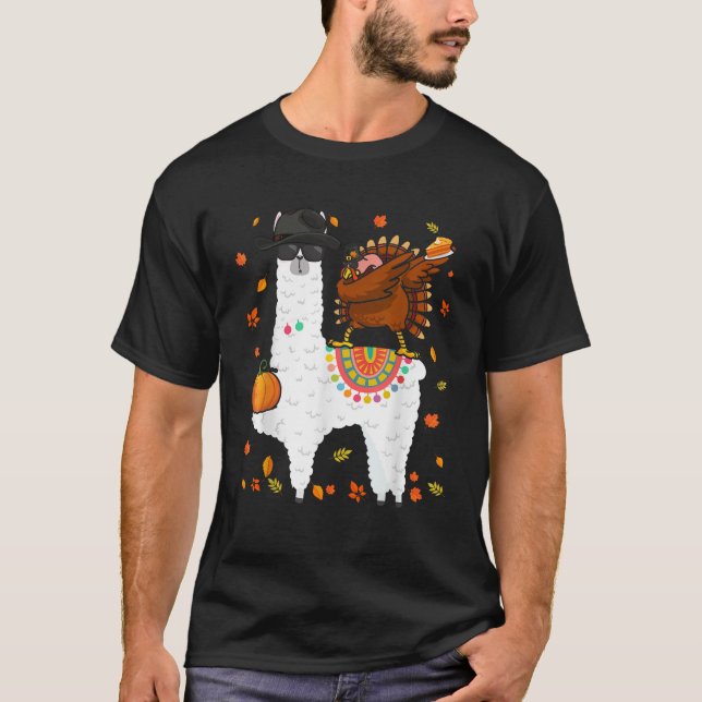 Dabbing Turkey Riding Llama Thanksgiving Llama Lov T-Shirt (Front)
