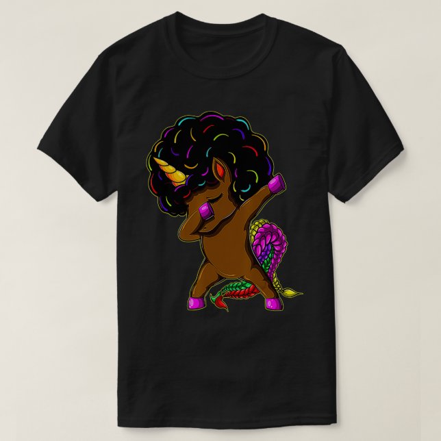 Dabbing Unicorn Afro Natural Hair African American T-Shirt (Design Front)