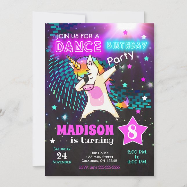 Dabbing Unicorn Birthday Invitation / Dance Party (Front)