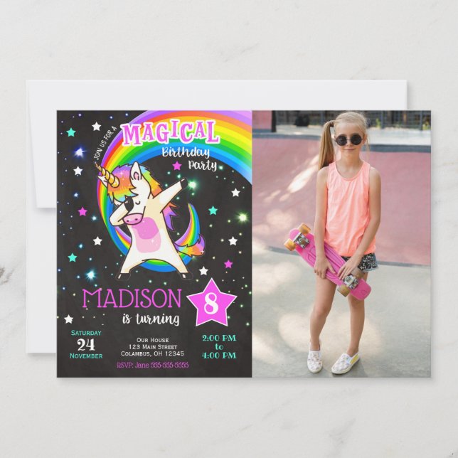 Dabbing Unicorn Birthday Invitation Dance Party (Front)