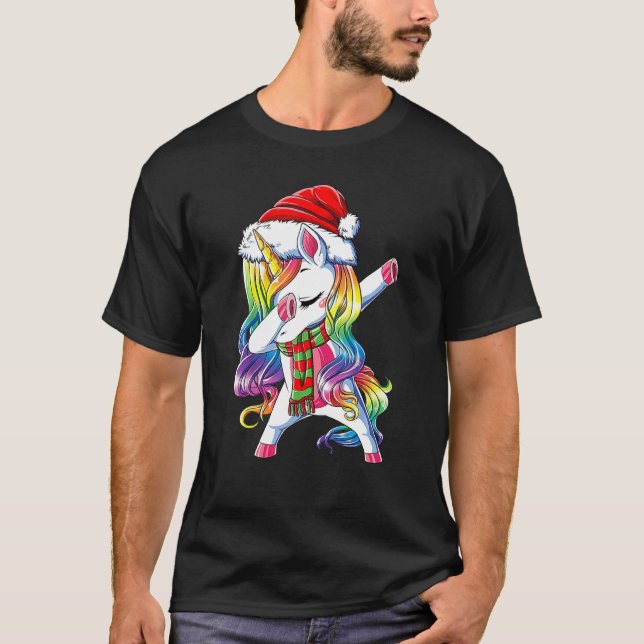Dabbing Unicorn Christmas Girls Santa Hat Scarf Xm T-Shirt (Front)