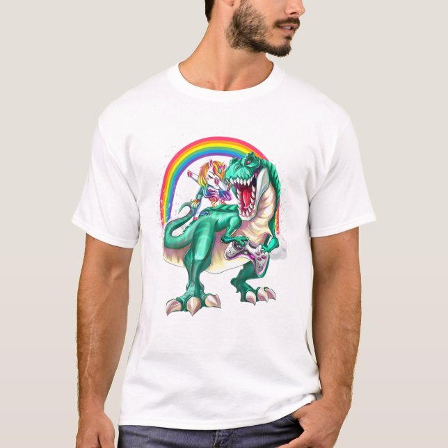 Dabbing Unicorn Dinosaur Game Controller Rainbow B T-Shirt (Front)