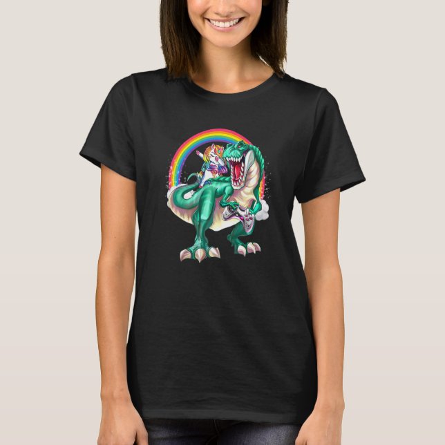 Dabbing Unicorn Dinosaur Game Controller Rainbow B T-Shirt (Front)