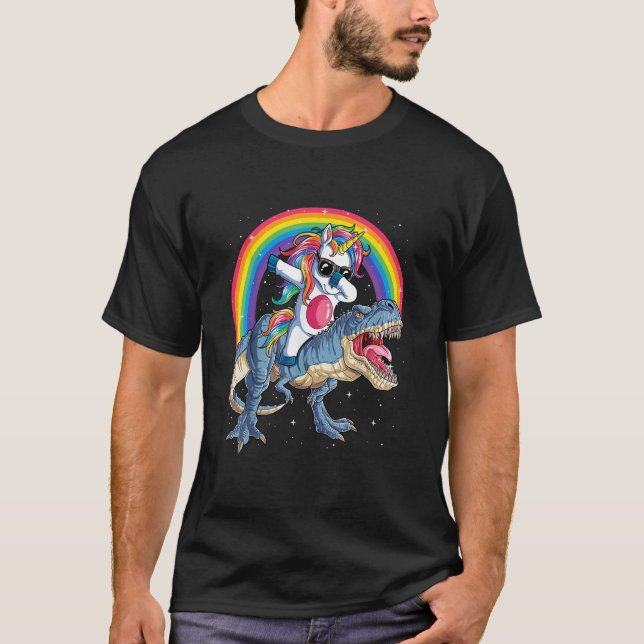 Dabbing Unicorn Dinosaur T rex Boys Girls Rainbow  T-Shirt (Front)
