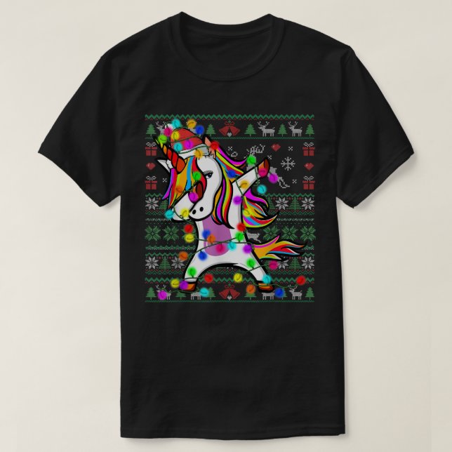 Dabbing Unicorn Fairy Lights Ugly Christmas Sweate T-Shirt (Design Front)