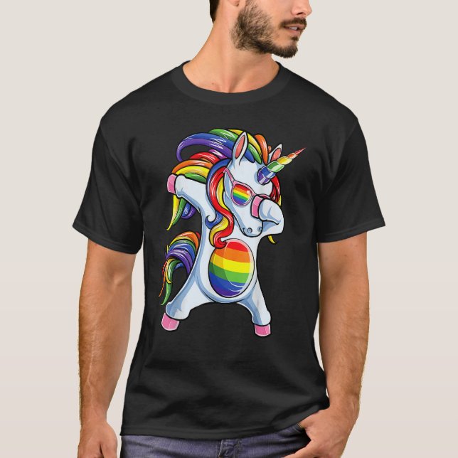 Dabbing Unicorn Gay Pride Lgbt  Lesbian Rainbow Fl T-Shirt (Front)