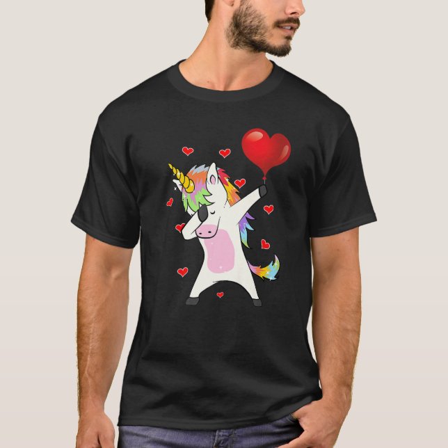 Dabbing Unicorn Heart and Love Valentines Day Rain T-Shirt (Front)