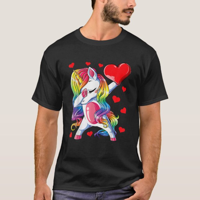 Dabbing Unicorn Heart Valentines Day Girls Kids Ra T-Shirt (Front)