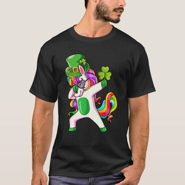 Dabbing Unicorn Shamrock Happy St Patricks Day Ire T-Shirt (Front)