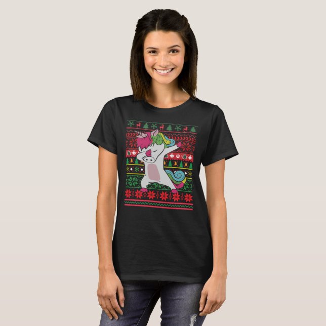 Dabbing Unicorn Ugly Christmas T-Shirt (Front Full)