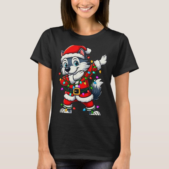 Dabbing Wolf Lights Santa Xmas Girls Boys Kids Chr T-Shirt (Front)