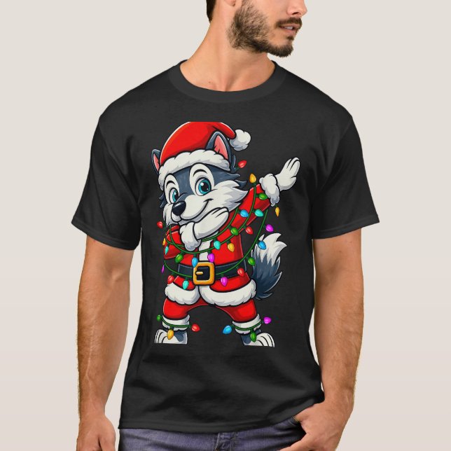 Dabbing Wolf Lights Santa Xmas Girls Boys Kids Chr T-Shirt (Front)