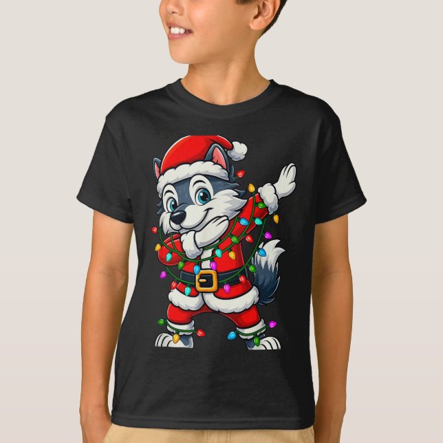 Dabbing Wolf Lights Santa Xmas Girls Boys Kids Chr T-Shirt (Front)