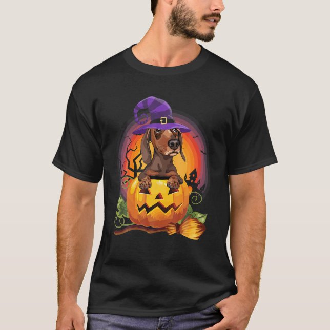 Dachshunch Witch Pumpkin Halloween Dog Lover T-Shirt (Front)